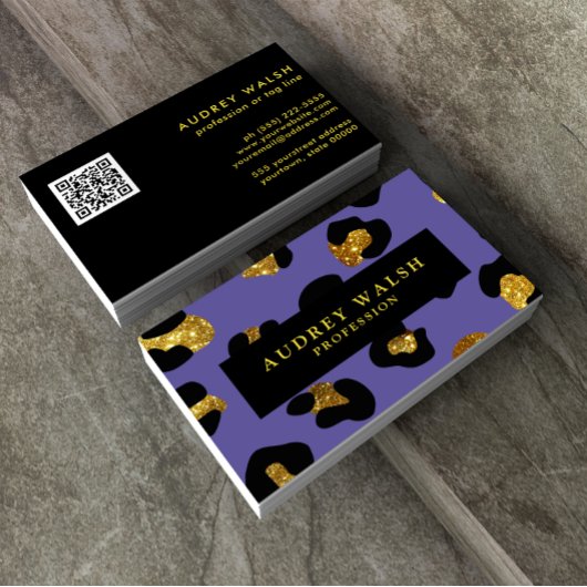 QRコードグラムグリッターパープルヒョウ印刷ラグジュアリー 名刺