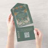 QRコードグリーンアールヌーボー結婚ズ オールインワン招待状 (貼ってはがせる)