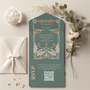 QRコードグリーンアールヌーボー結婚ズ オールインワン招待状