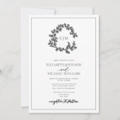 QRコードグレーリーフェリークレストモノグラム結婚ズ 招待状 (正面)