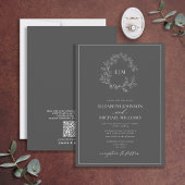 QRコードグレーリーフェリークレストモノグラム結婚ズ 招待状