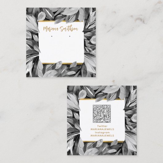 QRコードグレー金ゴールド葉イヤリングディスプレイカード スクエア名刺 (正面/裏面)