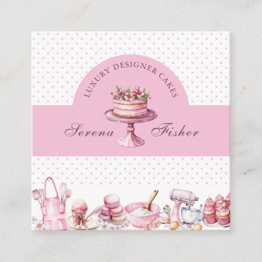 QRコードケーキベイカー水玉模様シックピンク スクエア名刺 (正面)