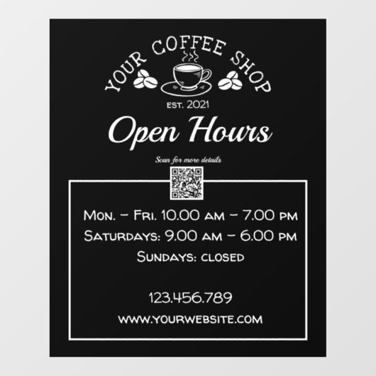 QRコードコーヒーショップオープンアワーサインデカール ウィンドウサイン (シート)