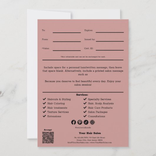 QRコードサービスノートピンクスタイリストギフト証明書 (裏面)