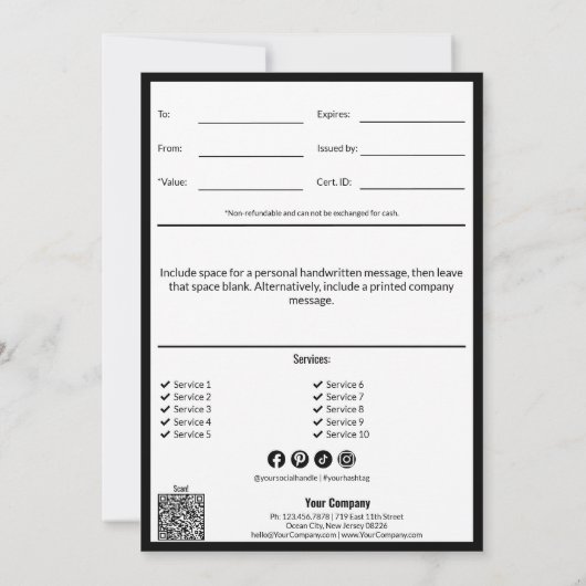 QRコードサービスノート白黒ギフト証明書 (裏面)