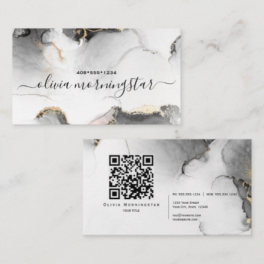QRコードシグネチャー黒金ゴールド水彩 名刺 (正面/裏面)