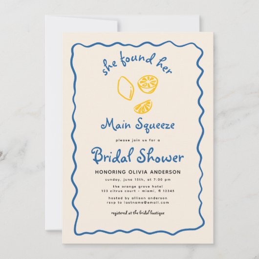 QRコードシトラスメインスクイーズファンキーブライダルシャワー 招待状 (正面)