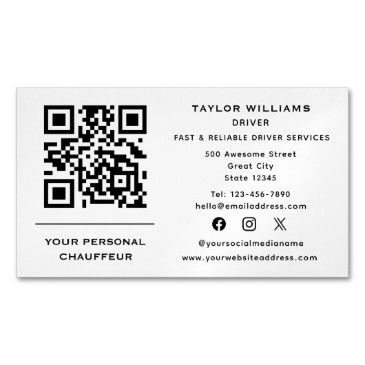 QRコードショーフールサービスタクシー運転手ソーシャルメディア マグネット名刺 (正面)