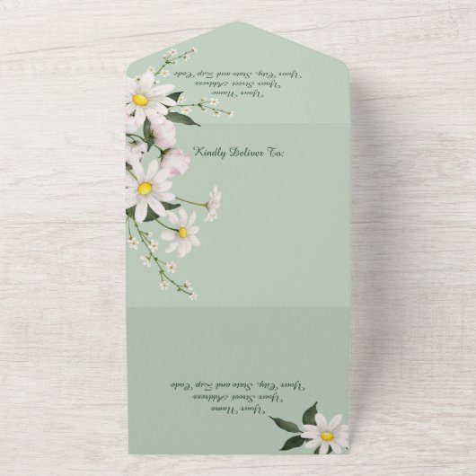 QRコードシンプルを使用したSage Greenのデイジー オールインワン招待状 (外側)