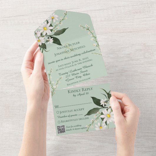 QRコードシンプルを使用したSage Greenのデイジー オールインワン招待状 (貼ってはがせる)