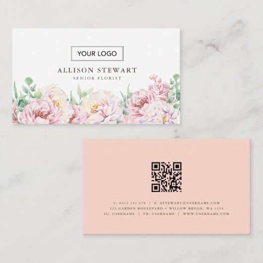 QRコードシンプル付きフラワービジネスカード 名刺 (正面/裏面)