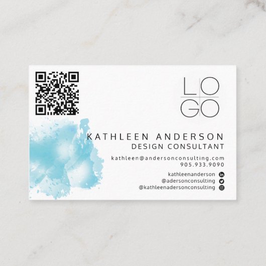 QRコードシンプル付きブルーウォーターカラービジネスカード 名刺 (裏面)