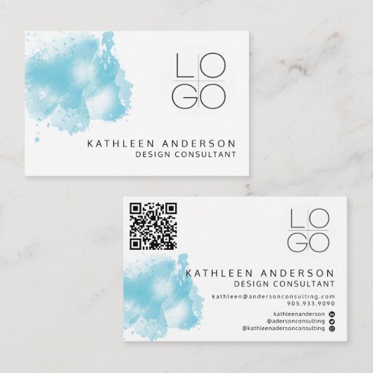 QRコードシンプル付きブルーウォーターカラービジネスカード 名刺 (正面/裏面)