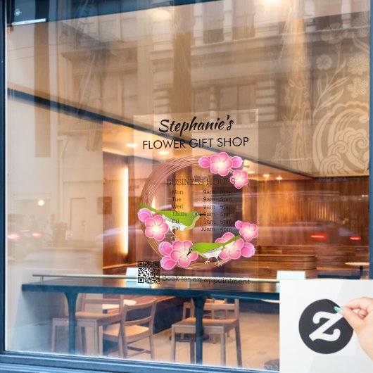 QRコードシンプル付き可愛い花のギフトショップ ウィンドウサイン (カフェ窓)