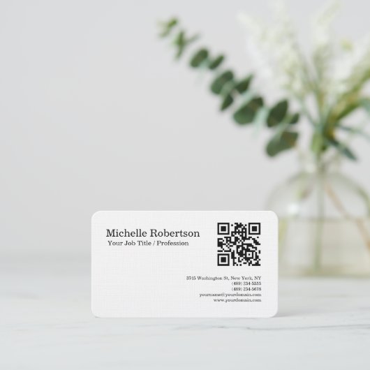 QRコードスキャナブルリネン白黒ミニマリスト 名刺 (スタンド正面)
