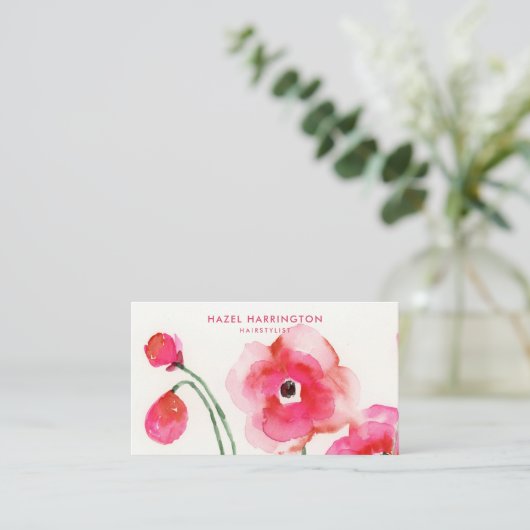 QRコードスキャン可能かわいいピンクの水色の花 名刺 (スタンド正面)