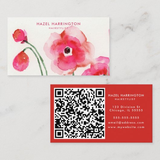 QRコードスキャン可能かわいいピンクの水色の花 名刺 (正面/裏面)