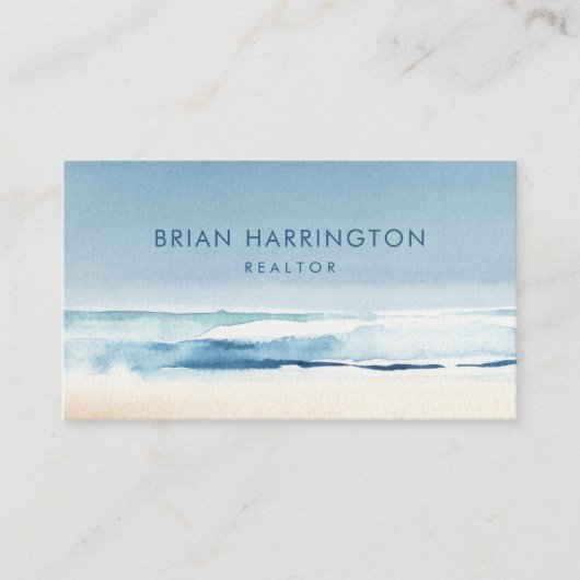 QRコードスキャン可能な水彩沿岸ブルービーチ 名刺 (正面)