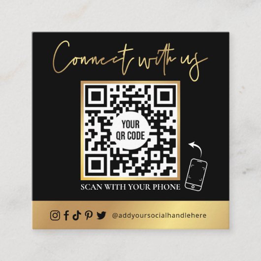QRコードスキャン可能ブラック&フェイク金ゴールド名刺 スクエア名刺 (正面)