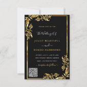QRコードスキャン情報ブラック金ゴールド結婚式招待状 (正面)