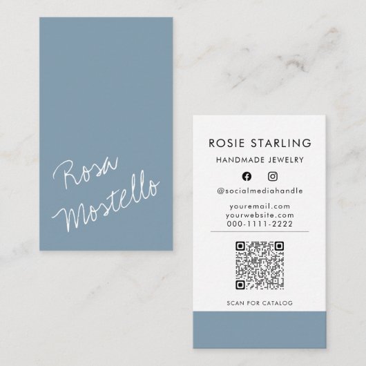 QRコードスクかわいらしリプト淡い色のアーティザンブルー 名刺 (正面/裏面)