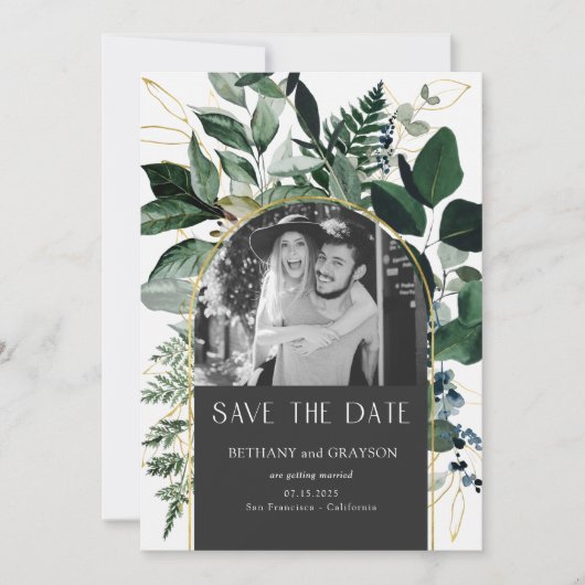 QRコードスタイリッシュグレー植物写真結婚の セーブザデート (正面)