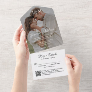 QRコードスタイリッシュスクリプトフォトモノグラム結婚の オールインワン招待状