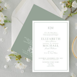 QRコードセージ緑のクラシックスクリプトモノグラム結婚の 招待状