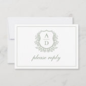 QRコードセージ緑のクレストモノグラム結婚ズ 出欠カード (正面)