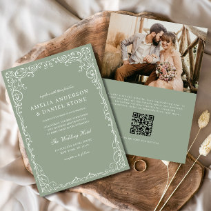 QRコードセージ緑の写真ミニマル結婚リスト 招待状