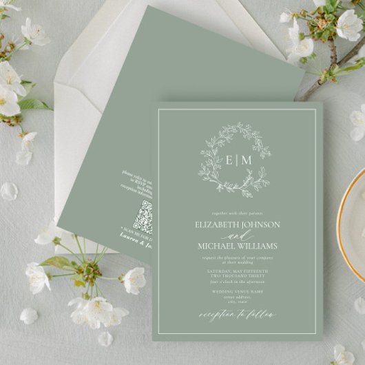 QRコードセージ緑の葉付きクレストモノグラム結婚ズ 招待状