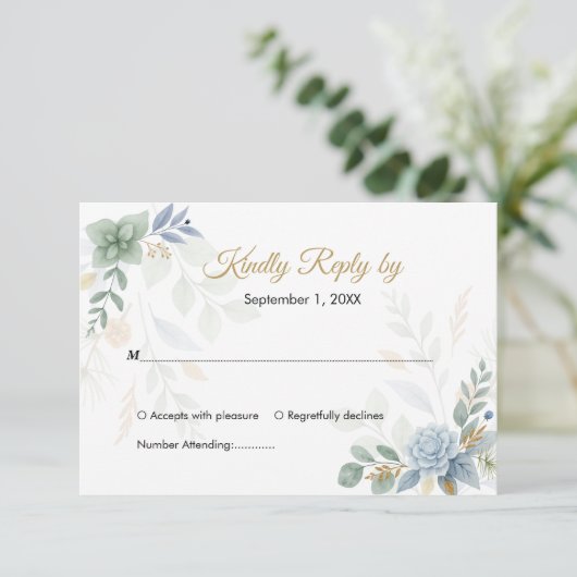 QRコードセージ緑フローラ水色結婚の 出欠カード (スタンド正面)