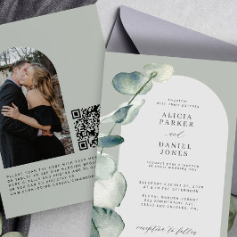 QRコードセージ緑ユーカリ弓結婚写真 招待状