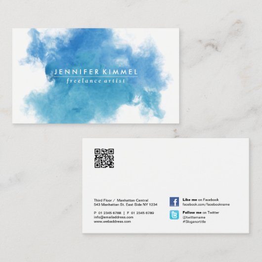 QRコードソーシャルメディアブルーウォーターカラー 名刺 (正面/裏面)
