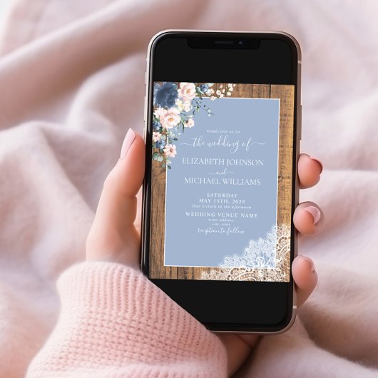 QRコードダスティブルー赤面素朴ウッドレース結婚ズ 招待状