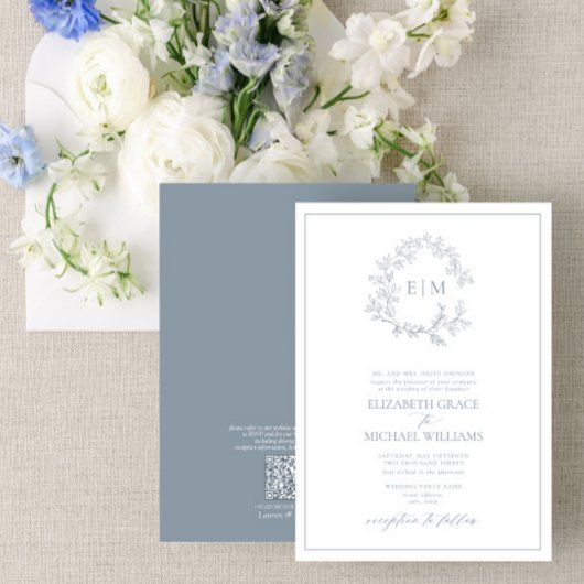 QRコードダスティーフォーマルブルーリーピークレストモノグラム 招待状