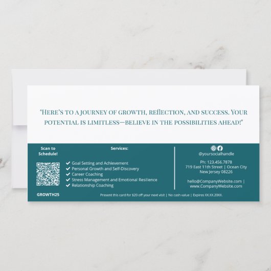 QRコードティール(緑がかった色)ライフコーチサービスギフト券カード (裏面)