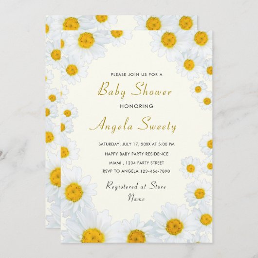 QRコードデイジー花赤ちゃんシャワー招待状 (正面/裏面)