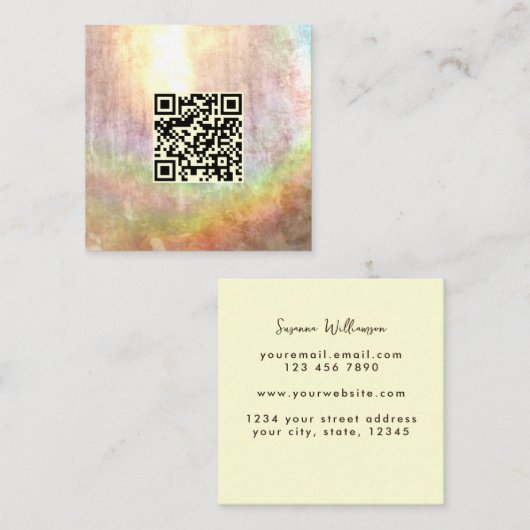 QRコードニュートラルベージュストーンレインボー抽象芸術アート スクエア名刺 (正面/裏面)
