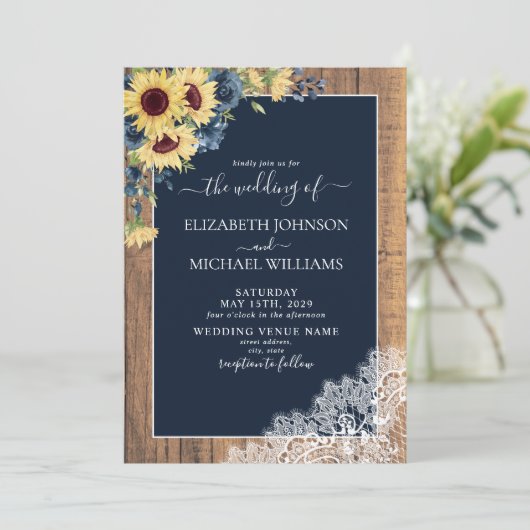 QRコードネイビーブルーサンフラワーレース結婚スクリプト 招待状 (スタンド正面)