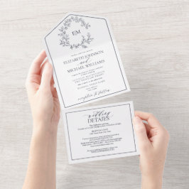 QRコードネイビーブルーリーフクレストモノグラム結婚ズ オールインワン招待状