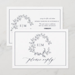 QRコードネイビーブルーリーフクレストモノグラム結婚ズ 出欠カード