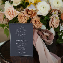 QRコードネイビーブルーリーフクレストモノグラム結婚ズ 招待状