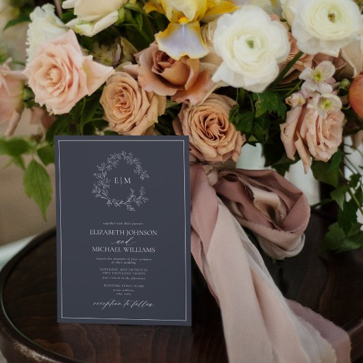 QRコードネイビーブルーリーフクレストモノグラム結婚ズ 招待状