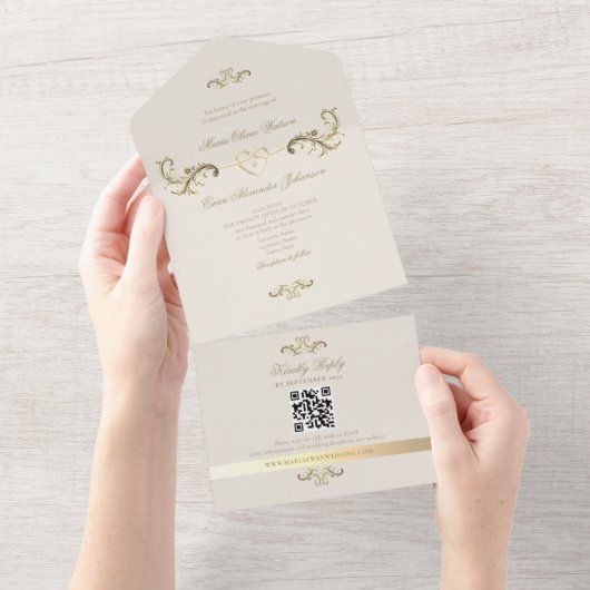 QRコードバロック金ゴールド結婚ズ オールインワン招待状 (貼ってはがせる)