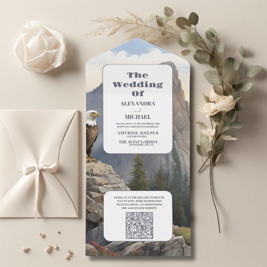 QRコードパインツリーフォレ素朴ストウォーター結婚カラー オールインワン招待状