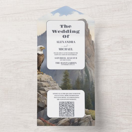 QRコードパインツリーフォレ素朴ストウォーター結婚カラー オールインワン招待状 (内側)