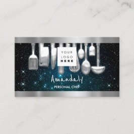 QRコードパーソナルシェフ料理レストランティール（緑がかった色） 名刺