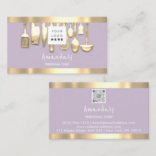 QRコードパーソナルシェフ料理レストランラベンダー 名刺 (正面/裏面)